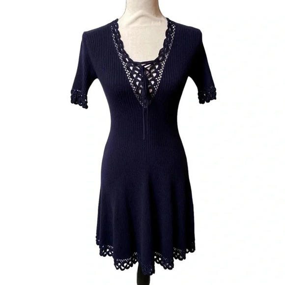 Jonathan Simkhai Crochet Knit Deep V-Neck Fit & Flare Dress Navy XS - Picture 3 of 16